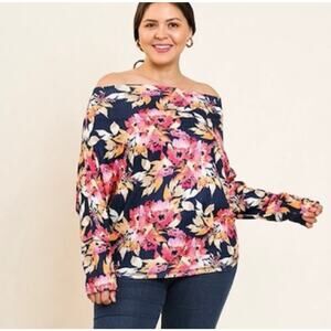 UMGEE Top Size 2XL Navy Floral Textured Knit Dolman Off The Shoulder Plus Curvy